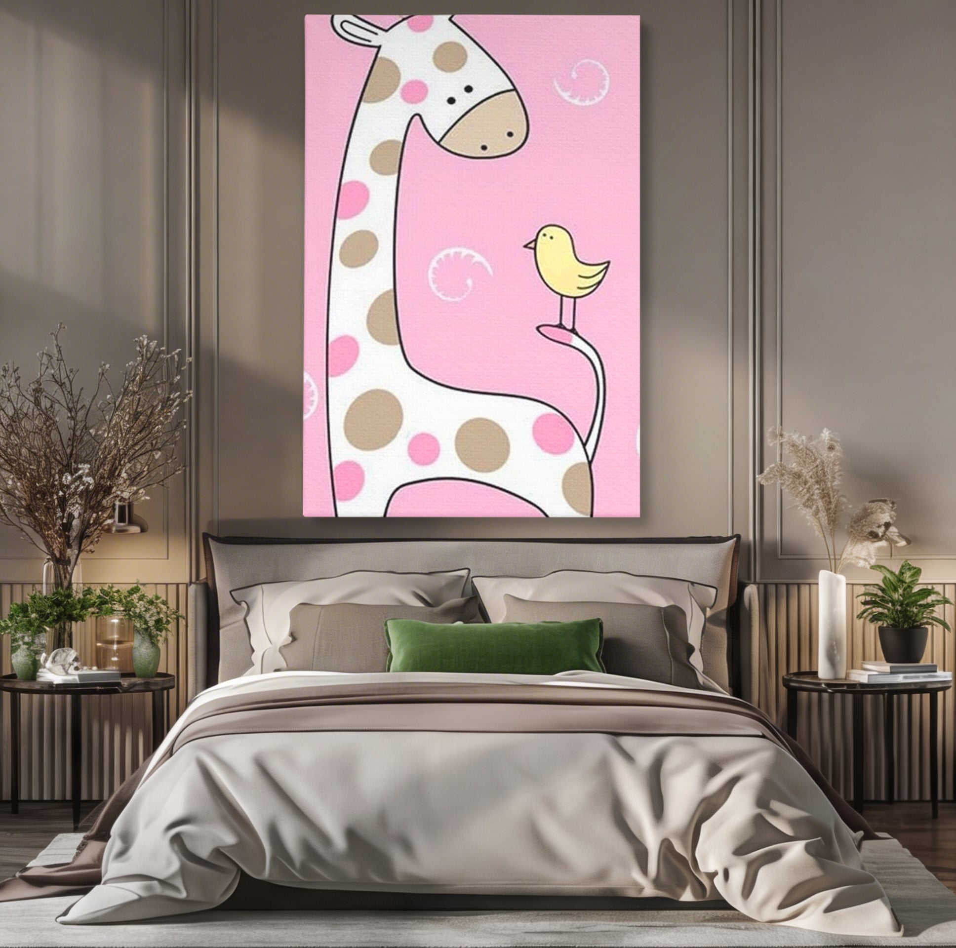 Tablou canvas cu ilustratie cu o girafa si o pasare, fara rama, pe sasiu de lemn, pe perete intr-un dormitor